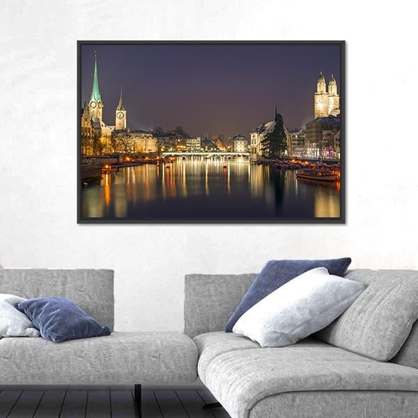 Zurich at Night Canvas Wall Art in black, gold and blue, framed canvas, product view on a white background