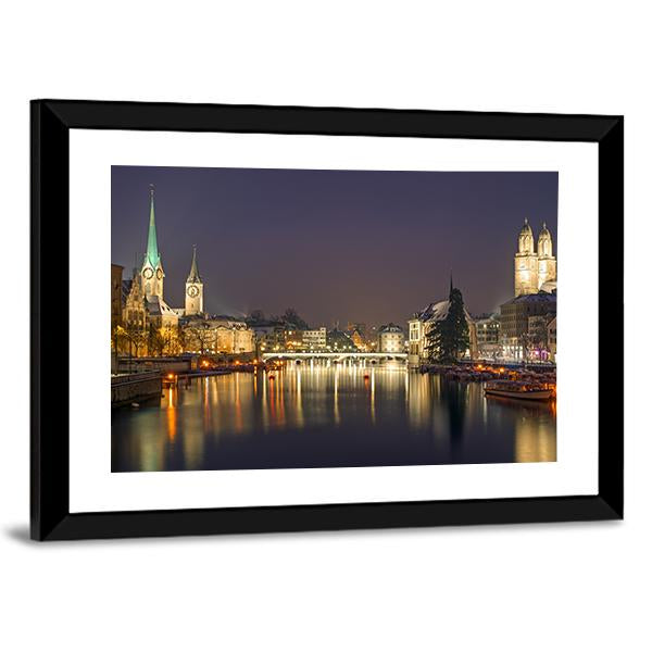 Panorama Of Zurich At Night Canvas Wall Art-3 Horizontal-Gallery Wrap-25" x 16"-Tiaracle