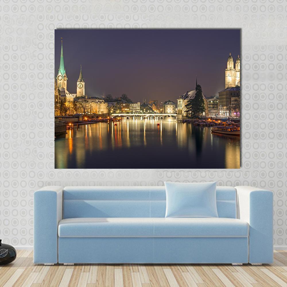 Zurich at Night Canvas Wall Art in black, gold and blue, single panel hung on a wall