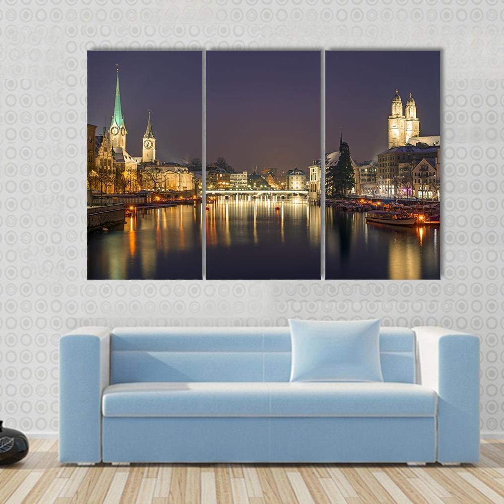Panorama Of Zurich At Night Canvas Wall Art-3 Horizontal-Gallery Wrap-37" x 24"-Tiaracle