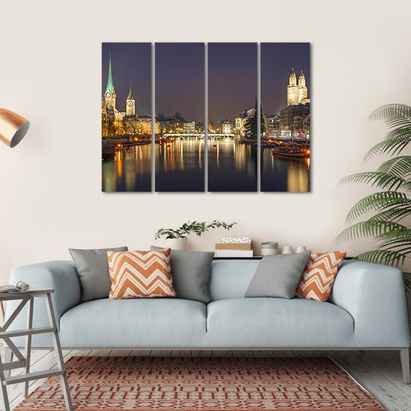 Panorama Of Zurich At Night Canvas Wall Art-4 Horizontal-Gallery Wrap-34" x 24"-Tiaracle