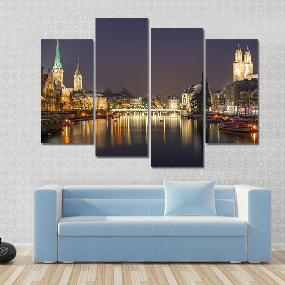 Panorama Of Zurich At Night Canvas Wall Art-4 Pop-Gallery Wrap-50" x 32"-Tiaracle