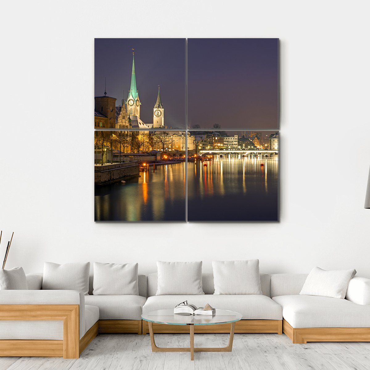 Panorama Of Zurich At Night Canvas Wall Art-4 Square-Gallery Wrap-17" x 17"-Tiaracle