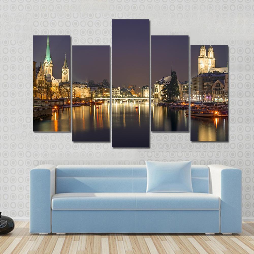 Panorama Of Zurich At Night Canvas Wall Art-5 Pop-Gallery Wrap-47" x 32"-Tiaracle