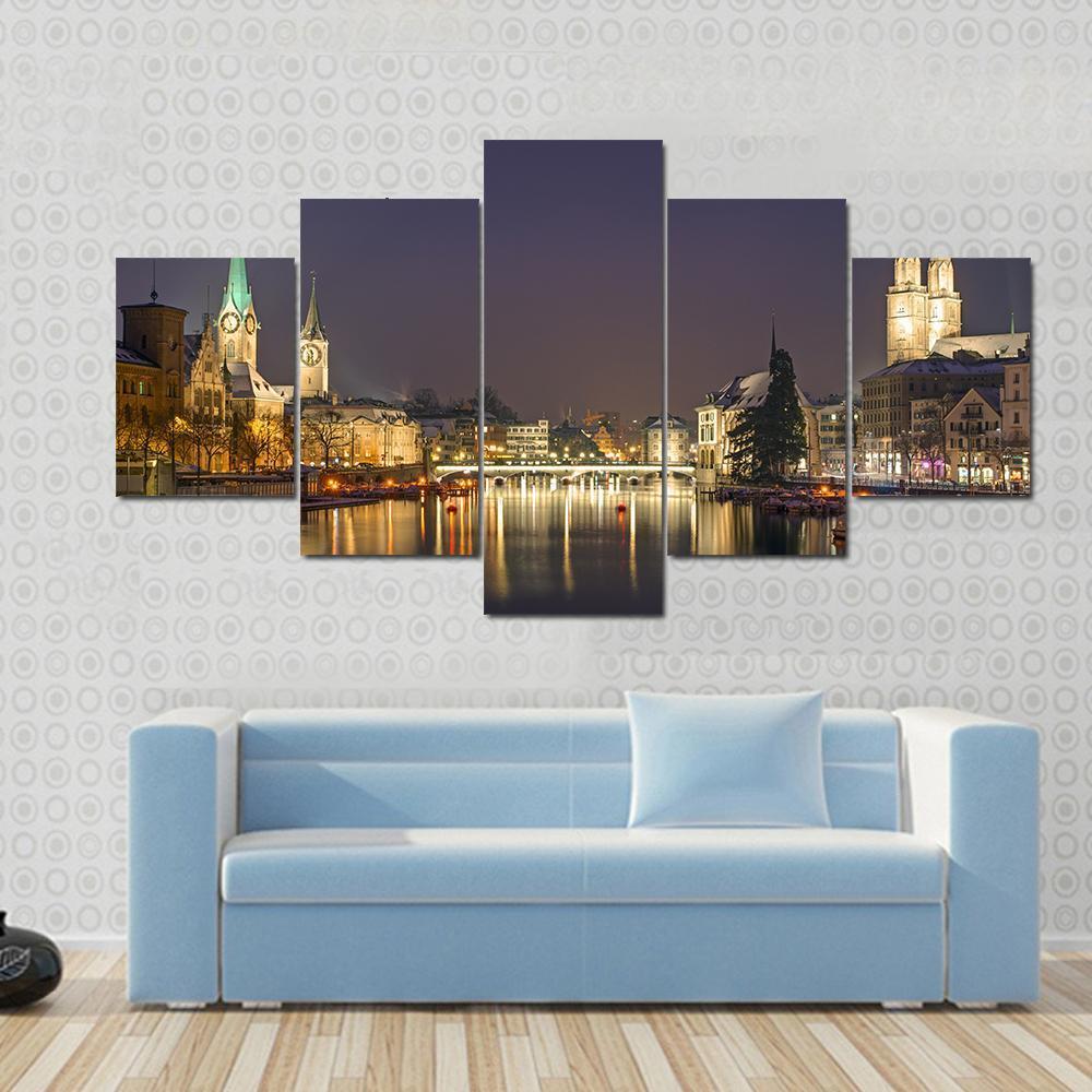 Panorama Of Zurich At Night Canvas Wall Art-5 Star-Gallery Wrap-62" x 32"-Tiaracle
