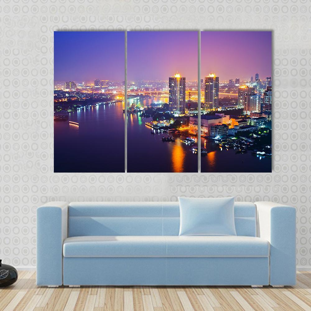 Bangkok Cityscape At Night Canvas Wall Art-3 Horizontal-Gallery Wrap-37" x 24"-Tiaracle