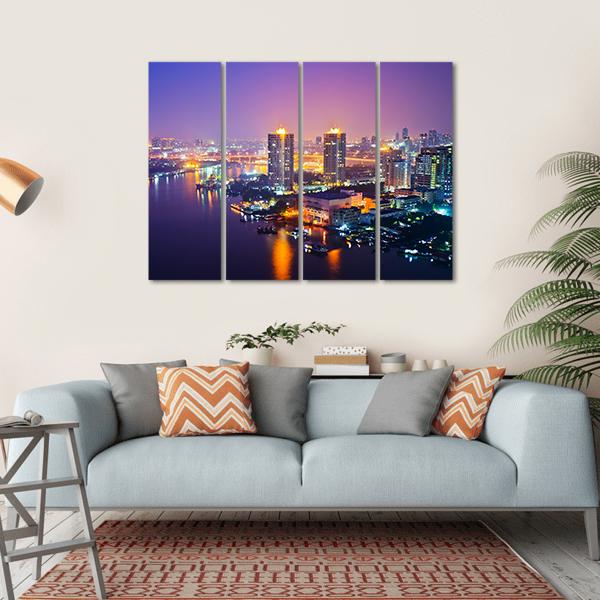 Bangkok Cityscape At Night Canvas Wall Art-4 Horizontal-Gallery Wrap-34" x 24"-Tiaracle