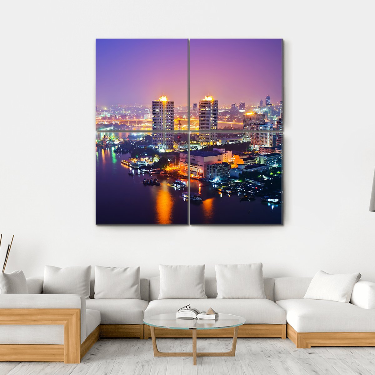 Bangkok Cityscape At Night Canvas Wall Art-4 Square-Gallery Wrap-17" x 17"-Tiaracle