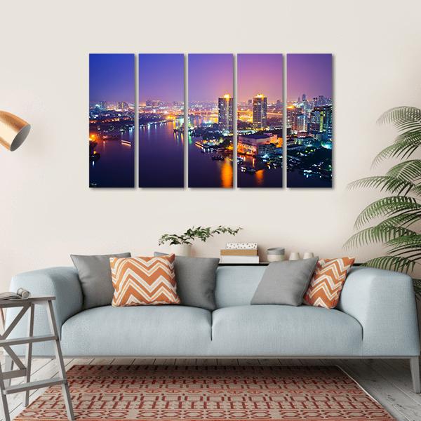 Bangkok Cityscape At Night Canvas Wall Art-5 Horizontal-Gallery Wrap-22" x 12"-Tiaracle