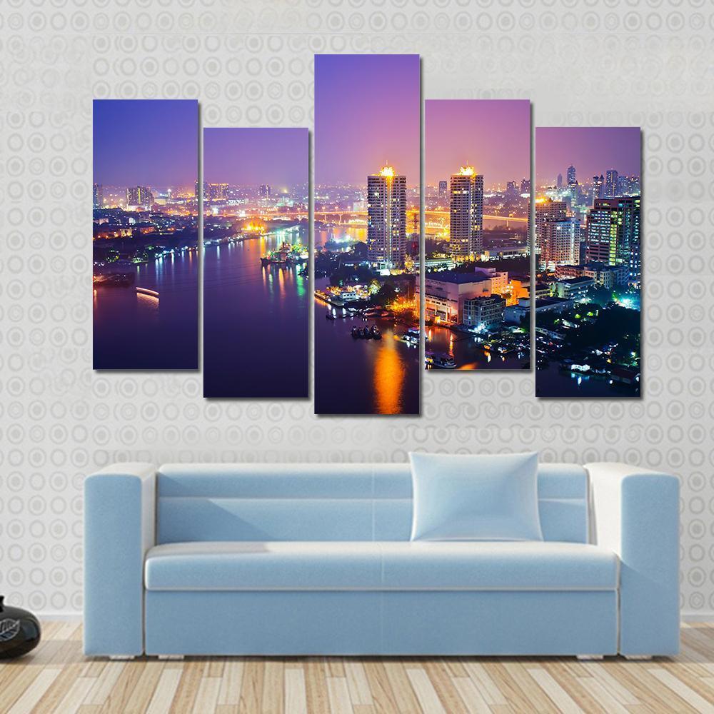 Bangkok Cityscape At Night Canvas Wall Art-5 Pop-Gallery Wrap-47" x 32"-Tiaracle
