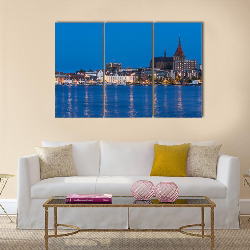 Panorama View To Germany River Warnow And City Port Canvas Wall Art-3 Horizontal-Gallery Wrap-37" x 24"-Tiaracle