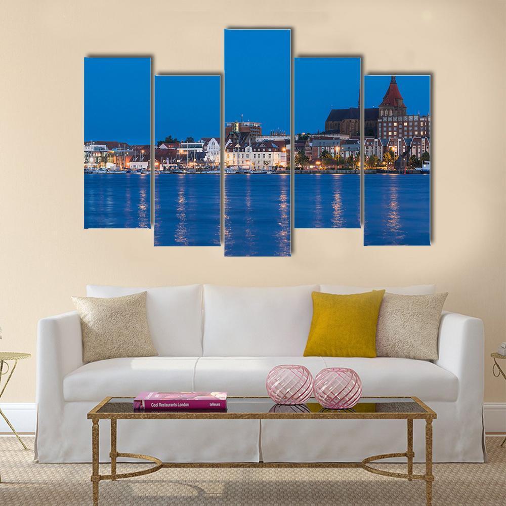 Panorama View To Germany River Warnow And City Port Canvas Wall Art-5 Pop-Gallery Wrap-47" x 32"-Tiaracle