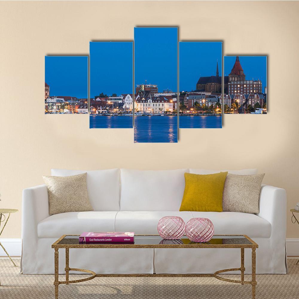 Panorama View To Germany River Warnow And City Port Canvas Wall Art-5 Star-Gallery Wrap-62" x 32"-Tiaracle