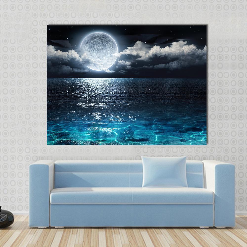 Moon On Sea At Night Canvas Wall Art-1 Piece-Gallery Wrap-36" x 24"-Tiaracle