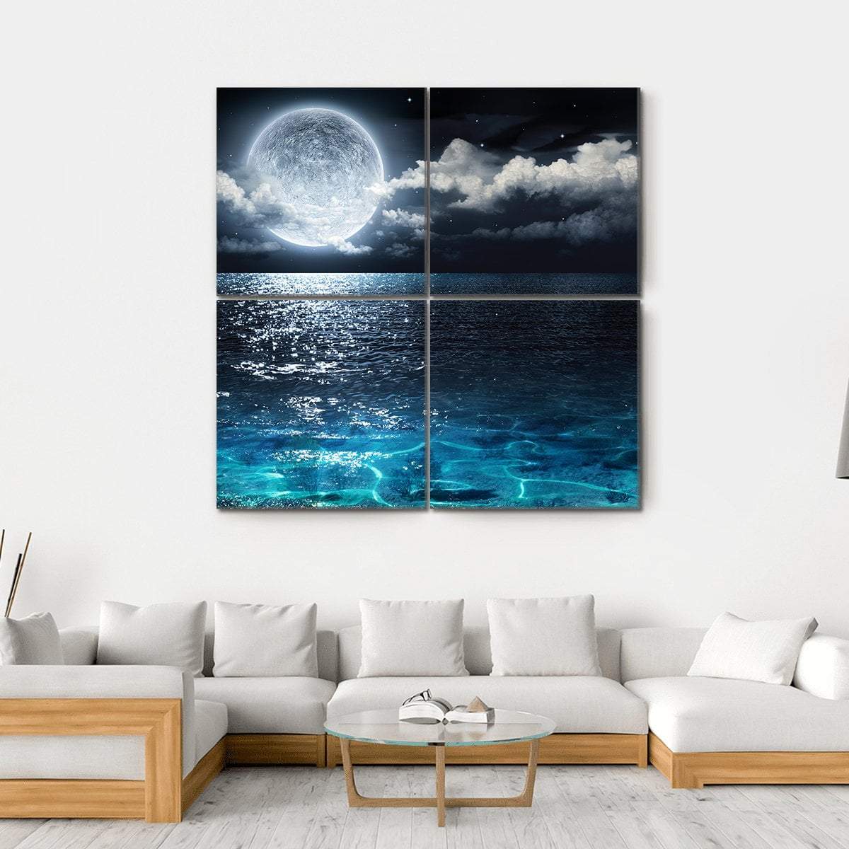 Moon On Sea At Night Canvas Wall Art-4 Square-Gallery Wrap-17" x 17"-Tiaracle
