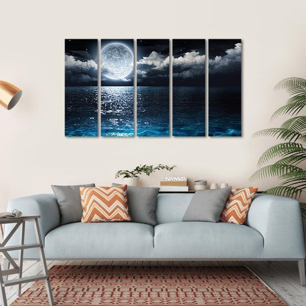 Moon On Sea At Night Canvas Wall Art-5 Horizontal-Gallery Wrap-22" x 12"-Tiaracle