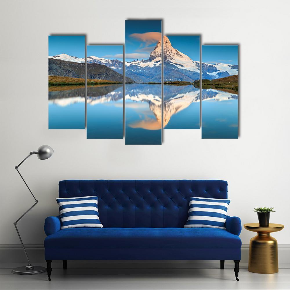 Panorama With Matterhorn And Alpine Lake Canvas Wall Art-5 Pop-Gallery Wrap-47" x 32"-Tiaracle