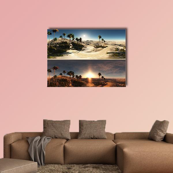 Desert Palms at Sunrise Canvas Wall Art in beige, orange and blue, single panel hung on a wall