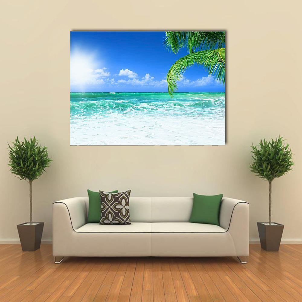 Beach at Day Time Canvas Wall Art in white, green and blue, single panel hung on a wall