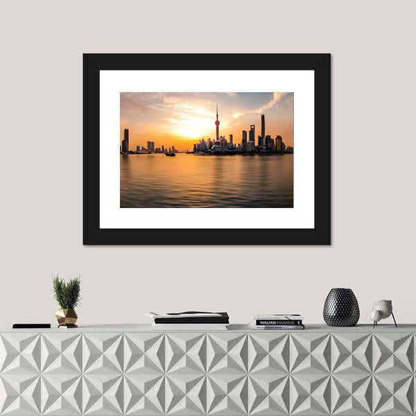 Panoramic Sunrise Over Shanghai Bund Canvas Wall Art-1 Piece-Framed Print-20" x 16"-Tiaracle