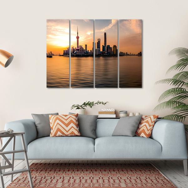 Panoramic Sunrise Over Shanghai Bund Canvas Wall Art-4 Horizontal-Gallery Wrap-34" x 24"-Tiaracle