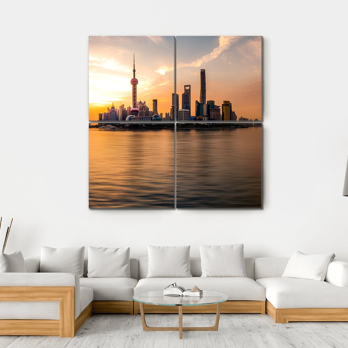 Panoramic Sunrise Over Shanghai Bund Canvas Wall Art-4 Square-Gallery Wrap-17" x 17"-Tiaracle