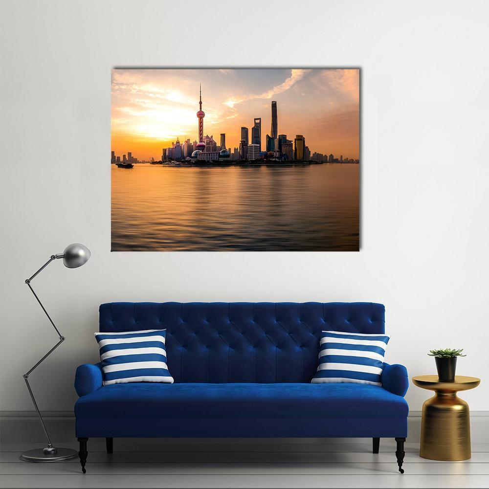 Sunrise Over Shanghai Bund Canvas Wall Art in brown, orange and yellow, single panel hung on a wall