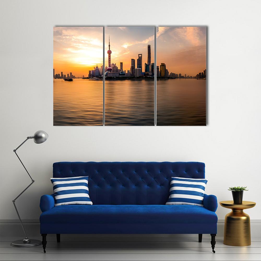 Panoramic Sunrise Over Shanghai Bund Canvas Wall Art-3 Horizontal-Gallery Wrap-37" x 24"-Tiaracle