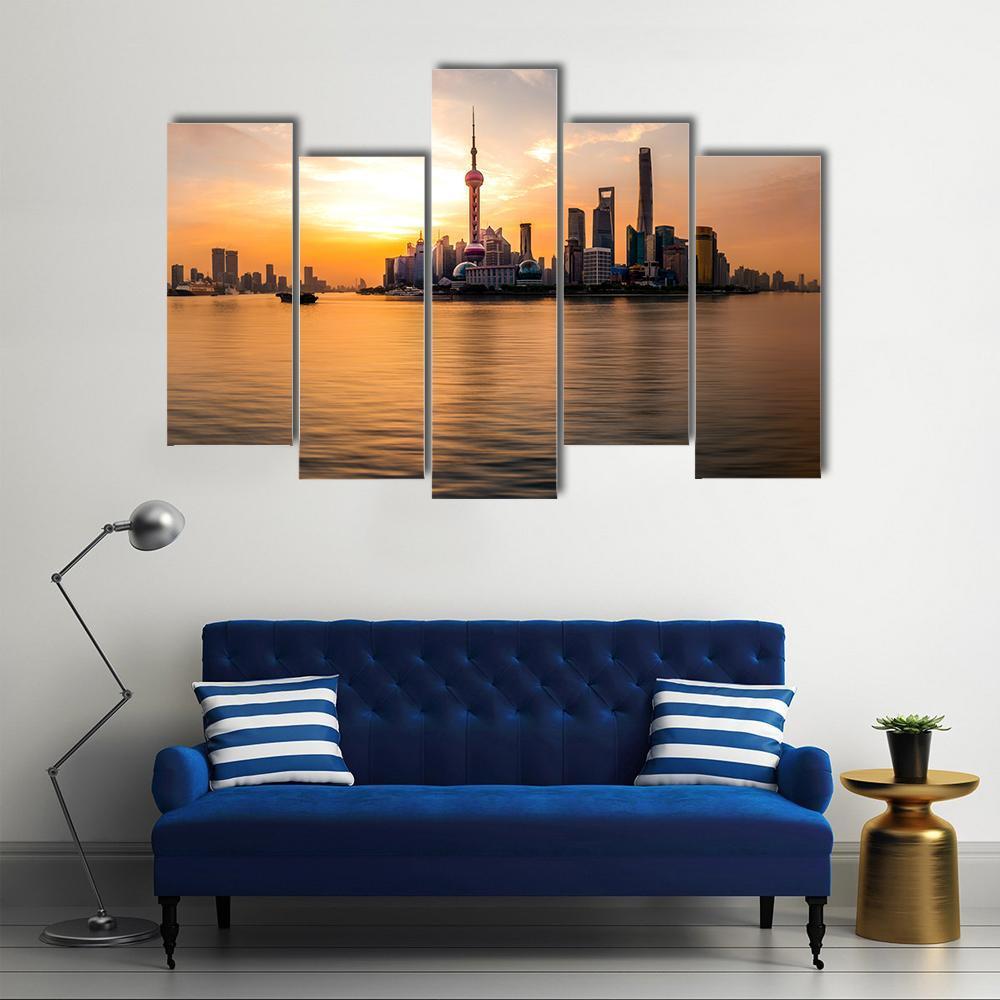 Panoramic Sunrise Over Shanghai Bund Canvas Wall Art-5 Pop-Gallery Wrap-47" x 32"-Tiaracle