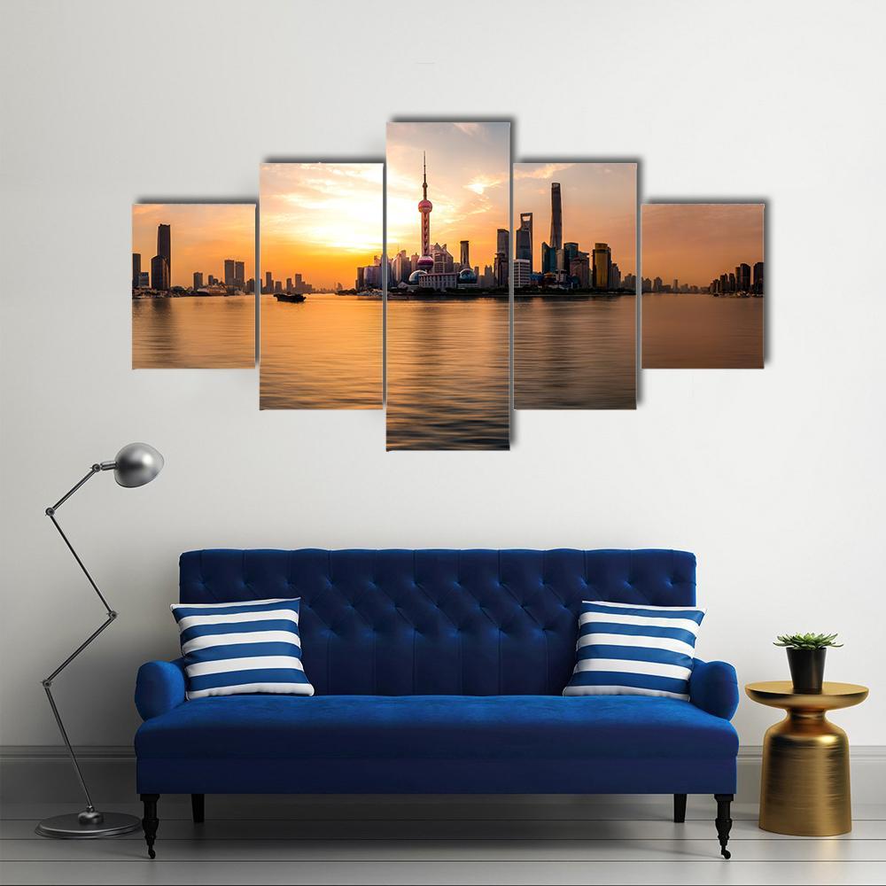 Panoramic Sunrise Over Shanghai Bund Canvas Wall Art-5 Star-Gallery Wrap-62" x 32"-Tiaracle