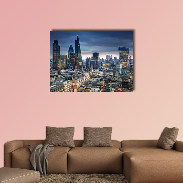 City Skyline at Dusk Canvas Wall Art in gray, yellow and blue, single panel hung on a wall
