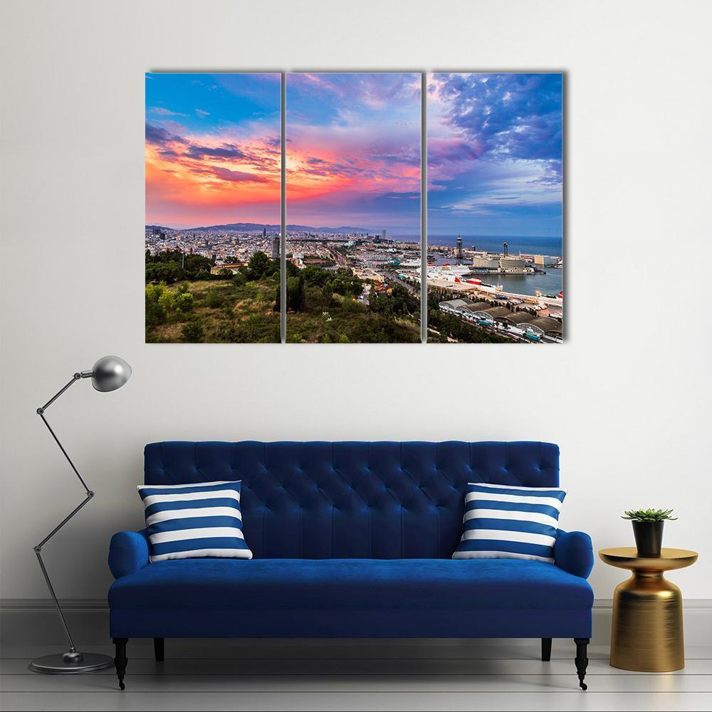 Panoramic View Of Barcelona And Port In Spain Canvas Wall Art-3 Horizontal-Gallery Wrap-37" x 24"-Tiaracle