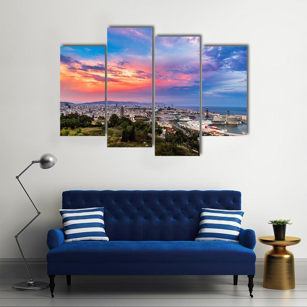 Panoramic View Of Barcelona And Port In Spain Canvas Wall Art-4 Pop-Gallery Wrap-50" x 32"-Tiaracle