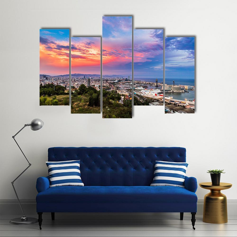 Panoramic View Of Barcelona And Port In Spain Canvas Wall Art-5 Pop-Gallery Wrap-47" x 32"-Tiaracle