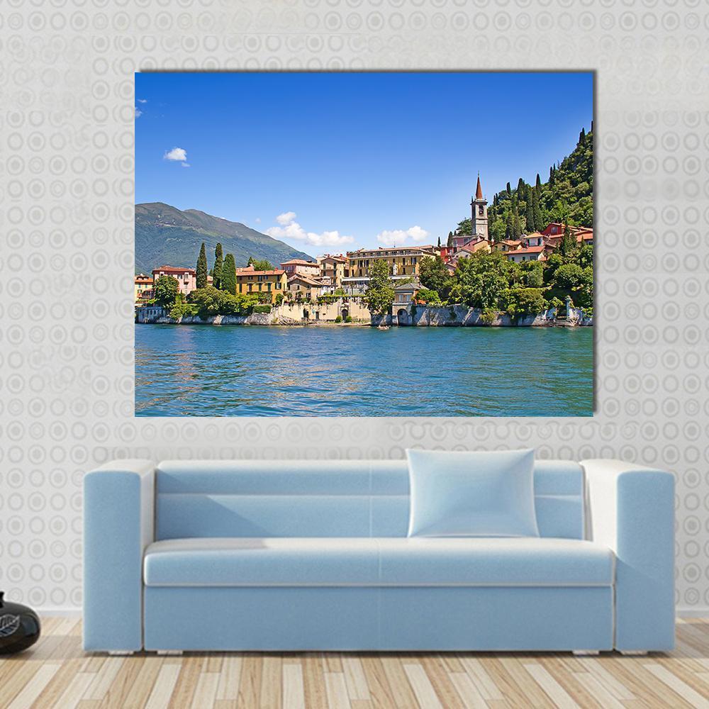 Cernobbio Town Lake Como Italy Canvas Wall Art in green and blue, single panel hung on a wall