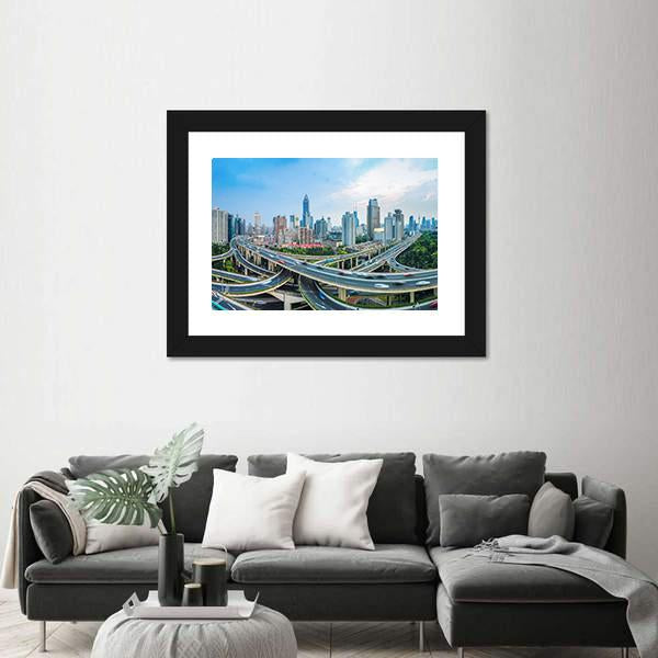 Panoramic View Of City Elevated Road Junction In Blue Sky Shanghai Canvas Wall Art-3 Horizontal-Gallery Wrap-25&quot; x 16&quot;-Tiaracle