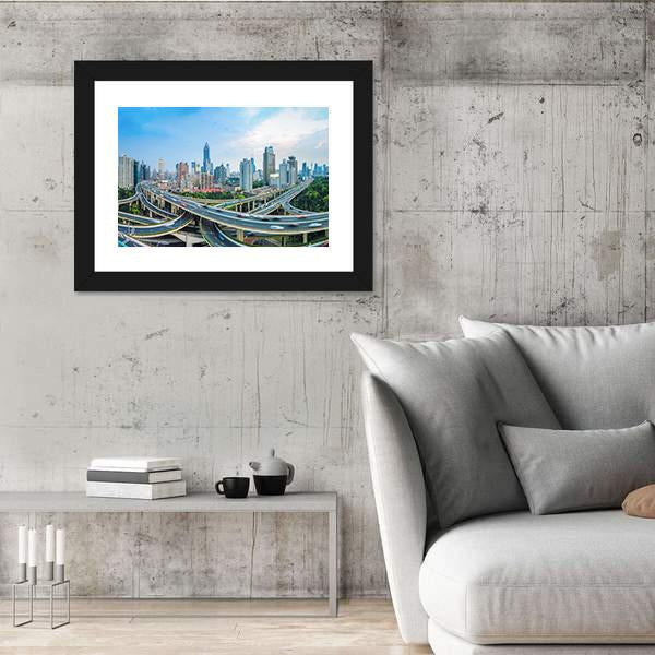 Panoramic View Of City Elevated Road Junction In Blue Sky Shanghai Canvas Wall Art-3 Horizontal-Gallery Wrap-25&quot; x 16&quot;-Tiaracle