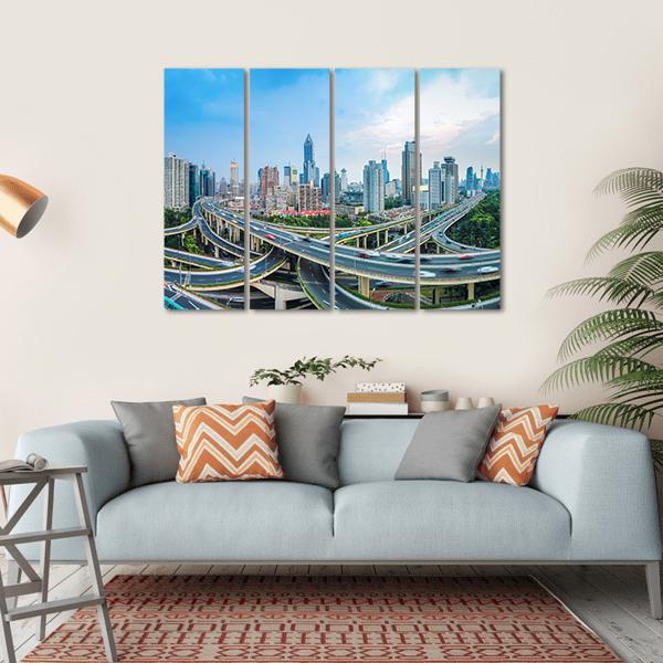 Panoramic View Of City Elevated Road Junction In Blue Sky Shanghai Canvas Wall Art-4 Horizontal-Gallery Wrap-34" x 24"-Tiaracle