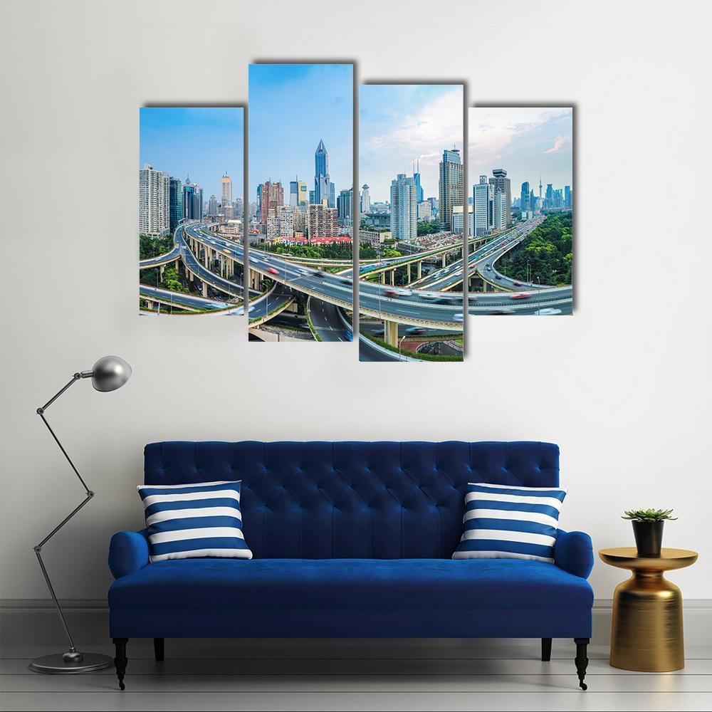 Panoramic View Of City Elevated Road Junction In Blue Sky Shanghai Canvas Wall Art-4 Pop-Gallery Wrap-50&quot; x 32&quot;-Tiaracle