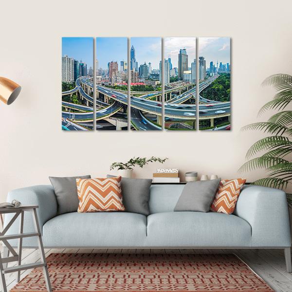 Panoramic View Of City Elevated Road Junction In Blue Sky Shanghai Canvas Wall Art-5 Horizontal-Gallery Wrap-22" x 12"-Tiaracle