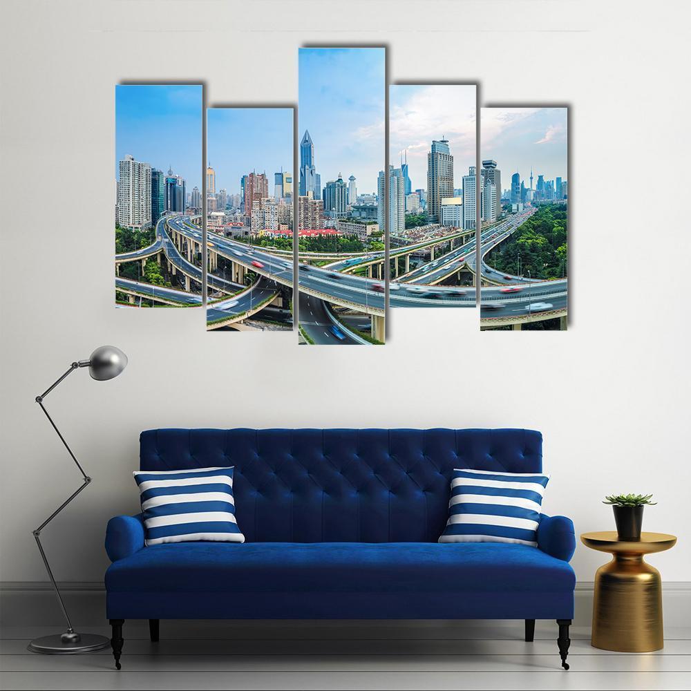 Panoramic View Of City Elevated Road Junction In Blue Sky Shanghai Canvas Wall Art-5 Pop-Gallery Wrap-47&quot; x 32&quot;-Tiaracle
