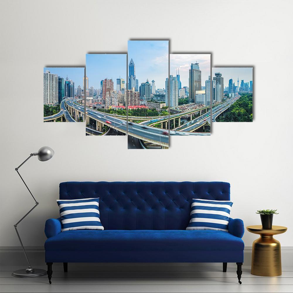 Panoramic View Of City Elevated Road Junction In Blue Sky Shanghai Canvas Wall Art-5 Star-Gallery Wrap-62&quot; x 32&quot;-Tiaracle