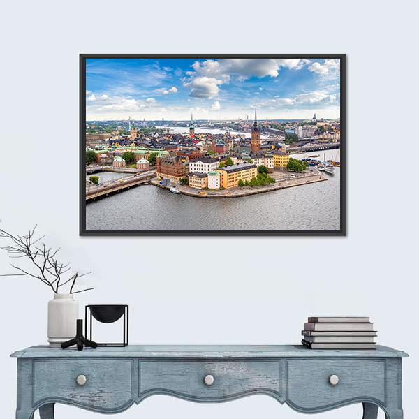 Panoramic View Of Gamla Stan Canvas Wall Art-1 Piece-Floating Frame-24" x 16"-Tiaracle