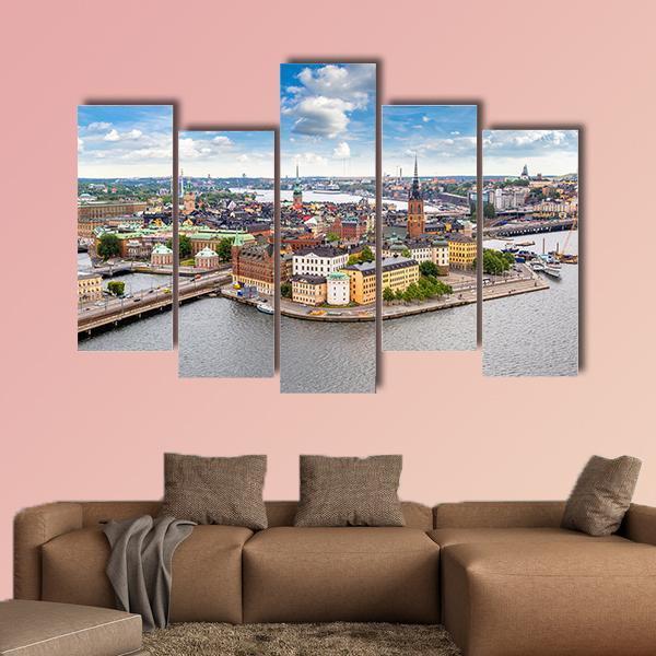 Panoramic View Of Gamla Stan Canvas Wall Art-5 Pop-Gallery Wrap-47" x 32"-Tiaracle