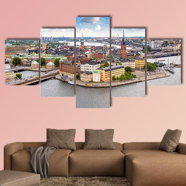 Panoramic View Of Gamla Stan Canvas Wall Art-5 Star-Gallery Wrap-62" x 32"-Tiaracle