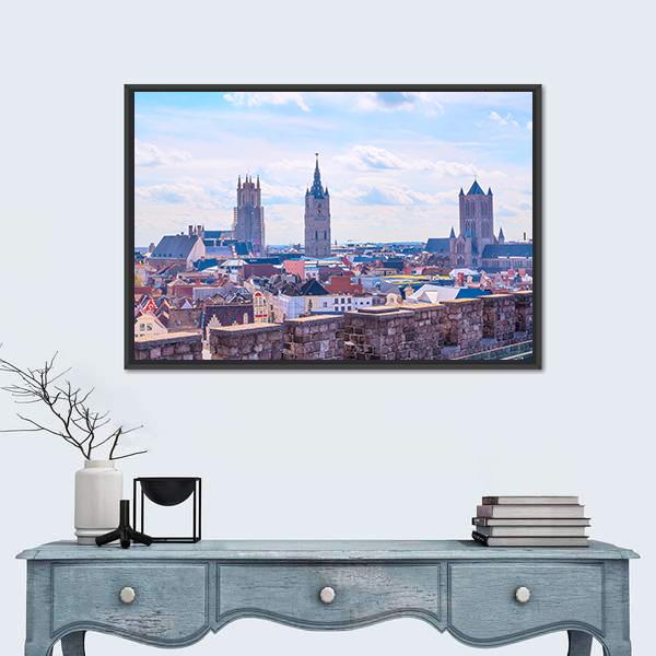 Panoramic View Of Ghent Belgium Canvas Wall Art-1 Piece-Floating Frame-24&quot; x 16&quot;-Tiaracle