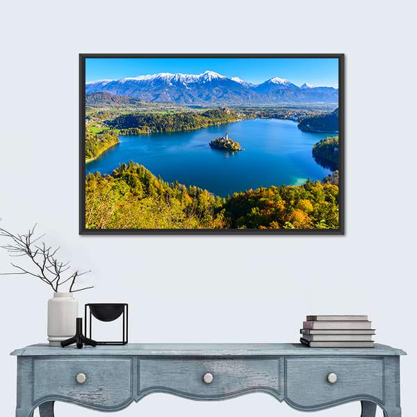 Panoramic View Of Lake Bled In Slovenia Canvas Wall Art-1 Piece-Floating Frame-24" x 16"-Tiaracle