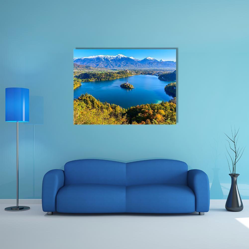 Lake Bled Landscape with Island Church Canvas Wall Art in white, green and blue, single panel hung on a wall
