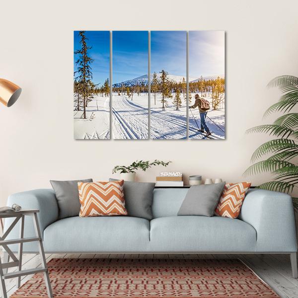 Panoramic View Of Male Person Cross Country Skiing Canvas Wall Art-4 Horizontal-Gallery Wrap-34" x 24"-Tiaracle