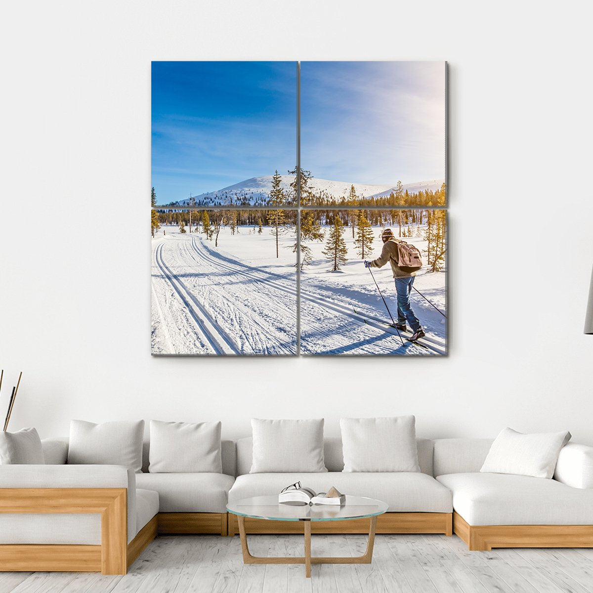Panoramic View Of Male Person Cross Country Skiing Canvas Wall Art-4 Square-Gallery Wrap-17" x 17"-Tiaracle